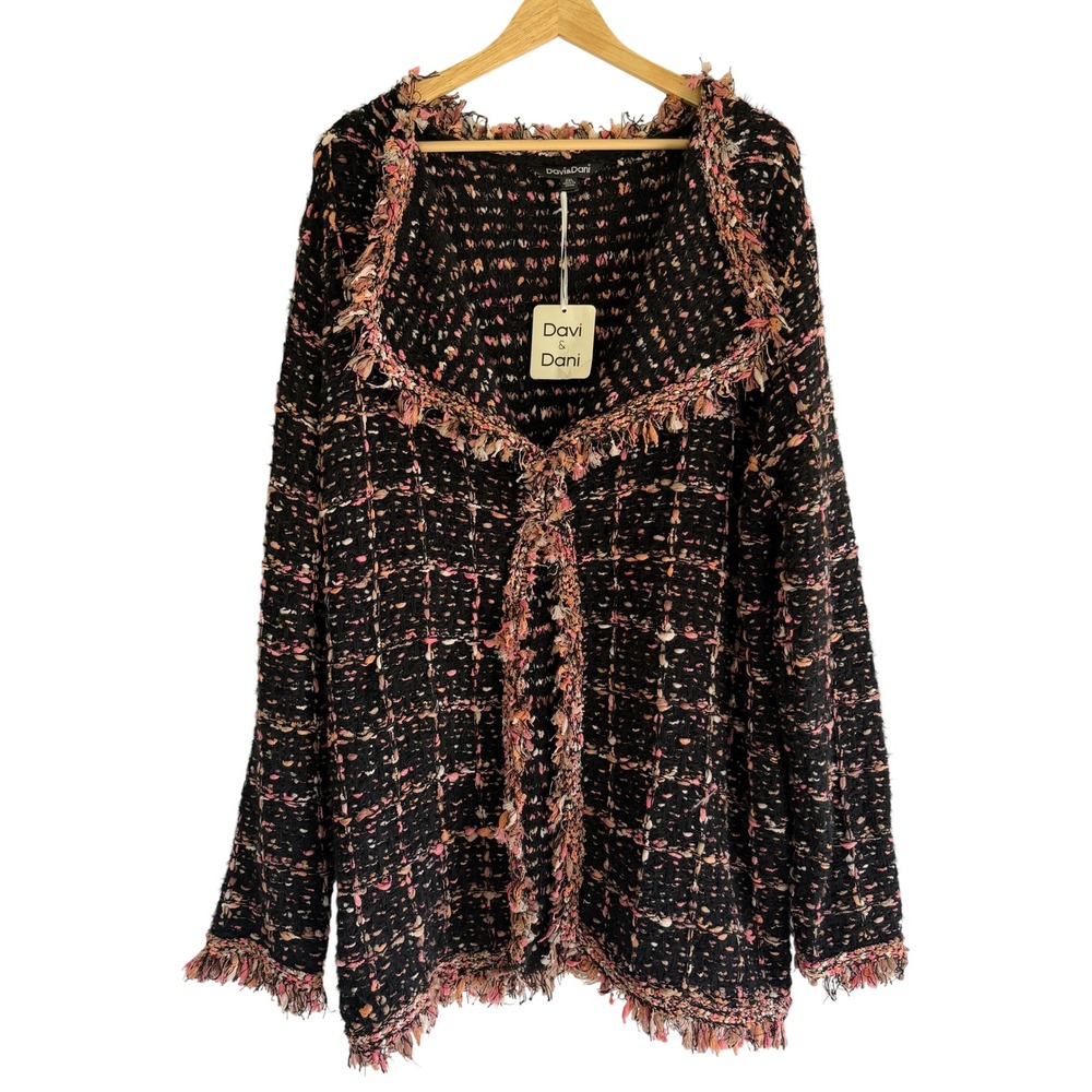 Davi & Dani Womens 2XL Black Pink Tweed Boucle Fringe Open Front Cardigan